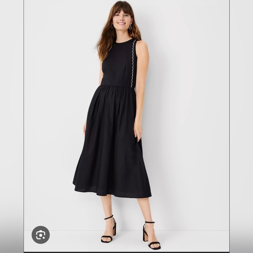 ANN TAYLOR, Scalloped Linen Blend Midi Dress, Black, Sz 8